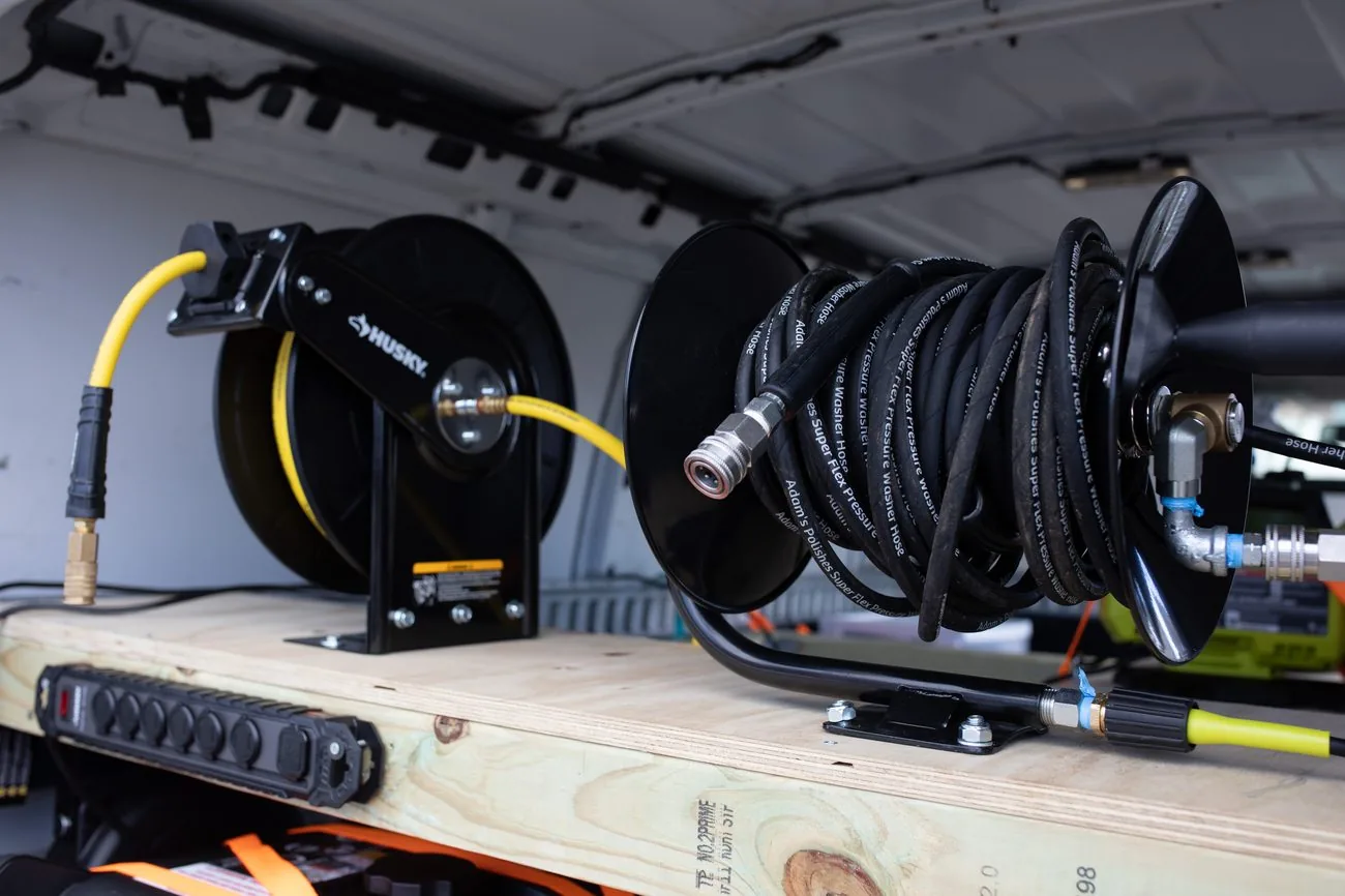Organized detailing equipment inside the Professor Detail van