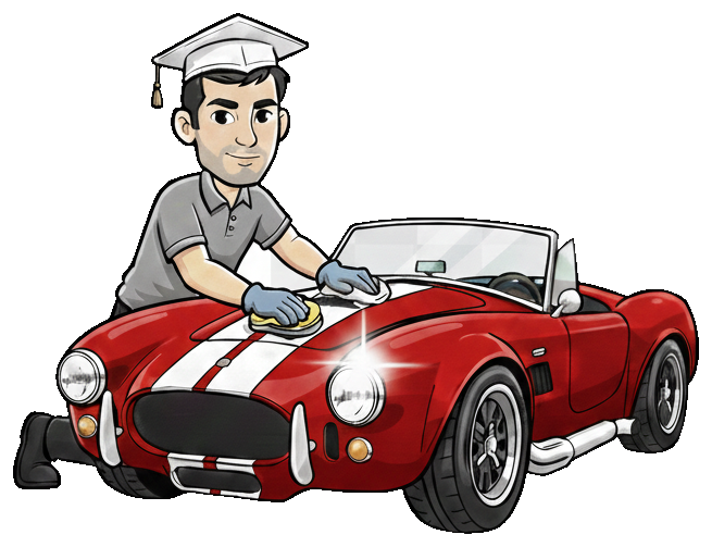 Professor Detail mascot detailing a classic car